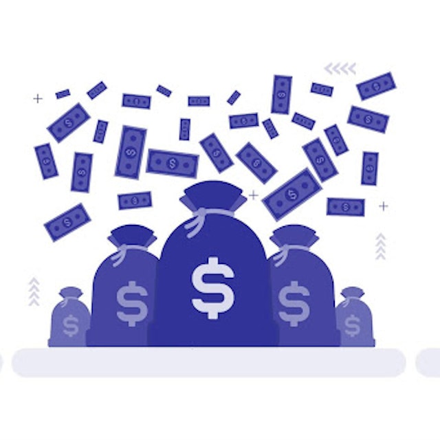 Sacks of money on the ground with dollar bills floating around in the background.